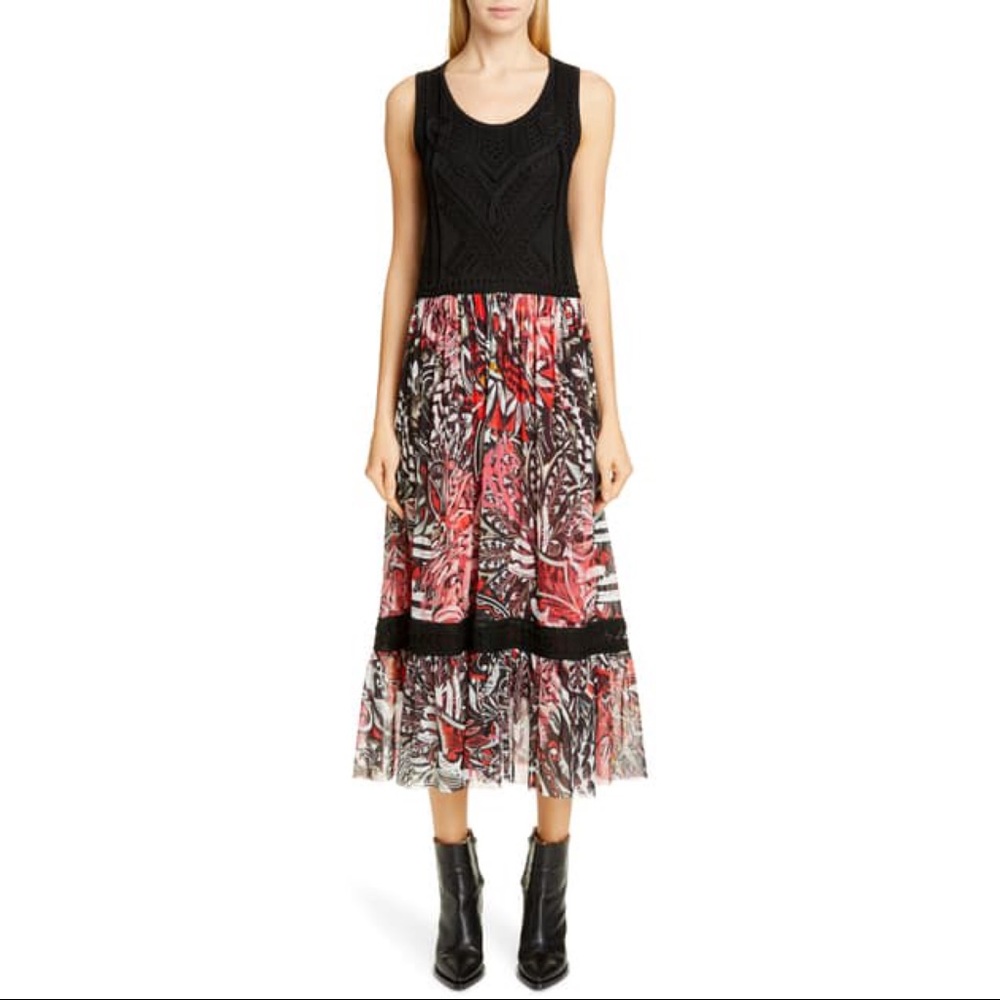 FUZZI Sleeveless Black Bodice Floral Print Maxi Dress Mesh